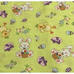 Easter Fabric Bunny Chick Easter Eggs on Green Cotton  1yd 35"